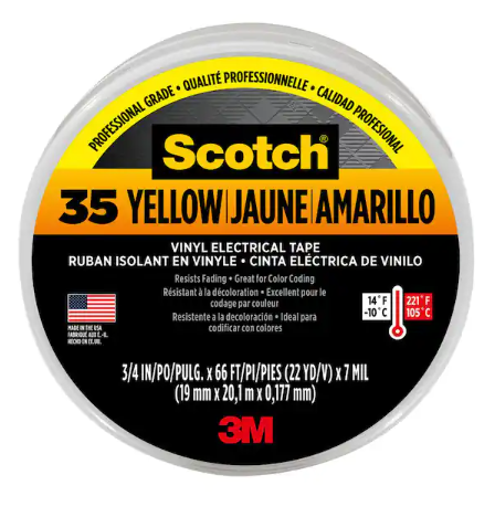 Insulation/Electrical Tape - ¾" X 66' Vinyl, Yellow, Scotch