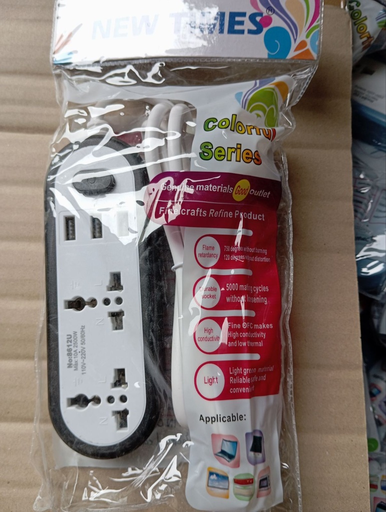 Electrical Socket Extension, 8621U#, 10A, 110-250V, 2Mtr Cable with 2 Position Row Insertion and 3 USB, Black
