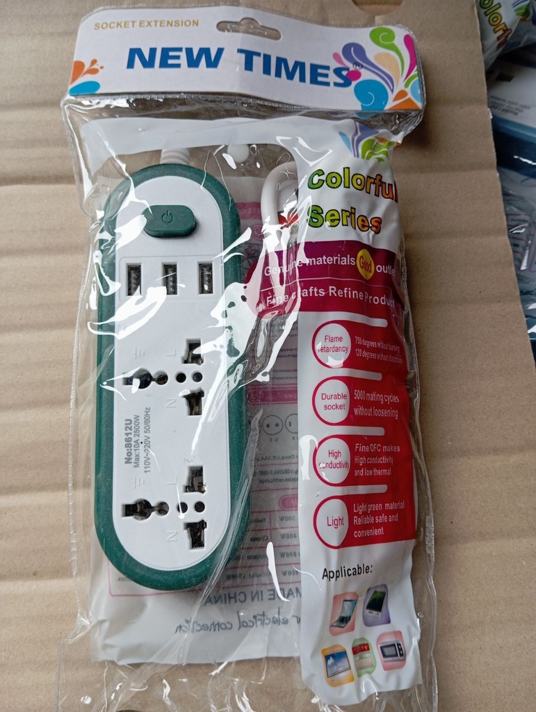 Electrical Socket Extension, 8621U#, 10A, 110-250V, 2mtr cable with 2 position row insertion and 3 USB, Green