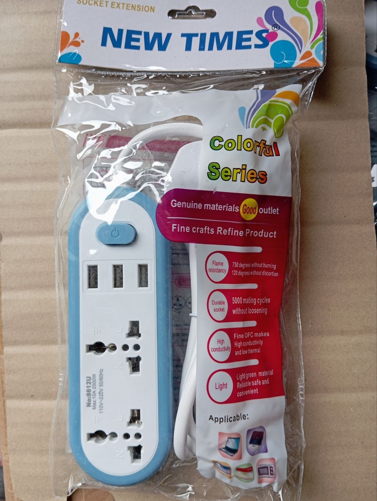 Electrical Socket Extension, 8621U#, 10A, 110-250V, 2mtr cable with 2 position row insertion and 3 USB, Blue