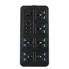 Electrical Socket Extension, A38, 21A, 110-250V, 2Mtr Cable with 6 Position Row Insertion and 3 USB, Black