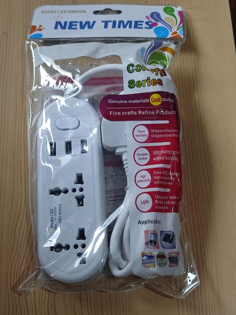 Electrical Socket Extension, 8621U#, 10A, 110-250V, 2mtr cable with 2 position row insertion and 3 USB, White