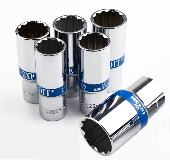 1/2" Dr. 12PT Long Socket 24MM (Half Mirror And Half Matte Surface With Blue Ribbon Factory Brand)