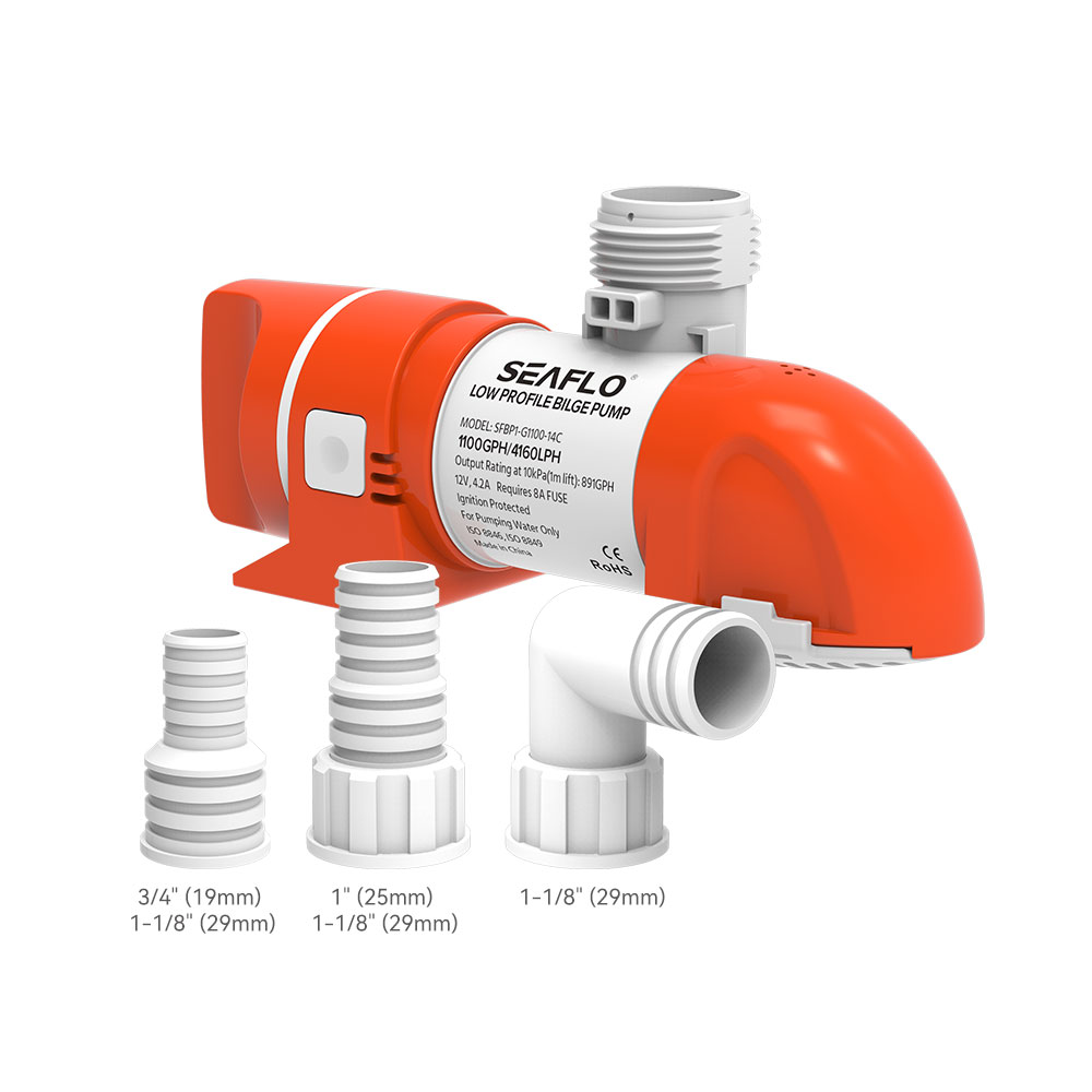 SEAFLO-Narrow Low Profile Bilge Pump 12V, 800GPH, 3.2A, OD: 3/4" (19MM) 1" (25MM) 1-1/8" (29MM) SFBP1-G800-14C (14C Series)
