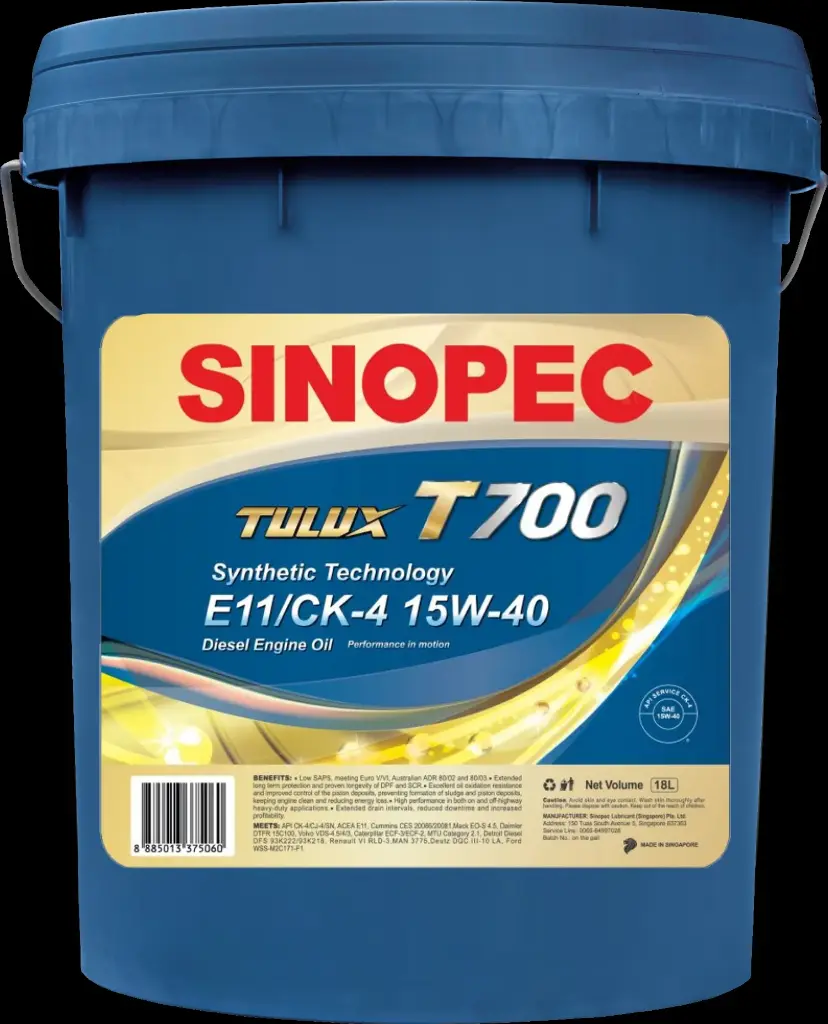 Sinopec Diesel Engine Oil, Tulux T700, E9/CK-4,15W-40,18Ltr 