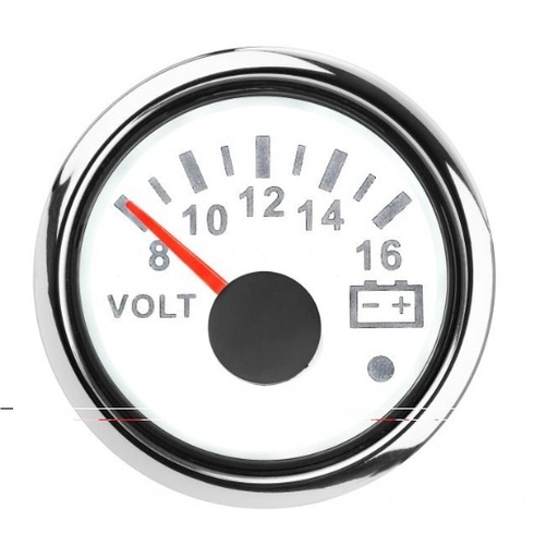 [19908] Gauge - 52mm, Electrical Volt with Warning Function, WKVOW-90B816, White Face/Chrome Rim,  Red Led Display, 8~16 Volt
