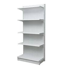 [43159] Rack - (L900 x W450 x H2200mm) Main single Side, hole backpanel, 5 layer with Front Bottom Panel, Shelf & edgings White color, Frame grey color